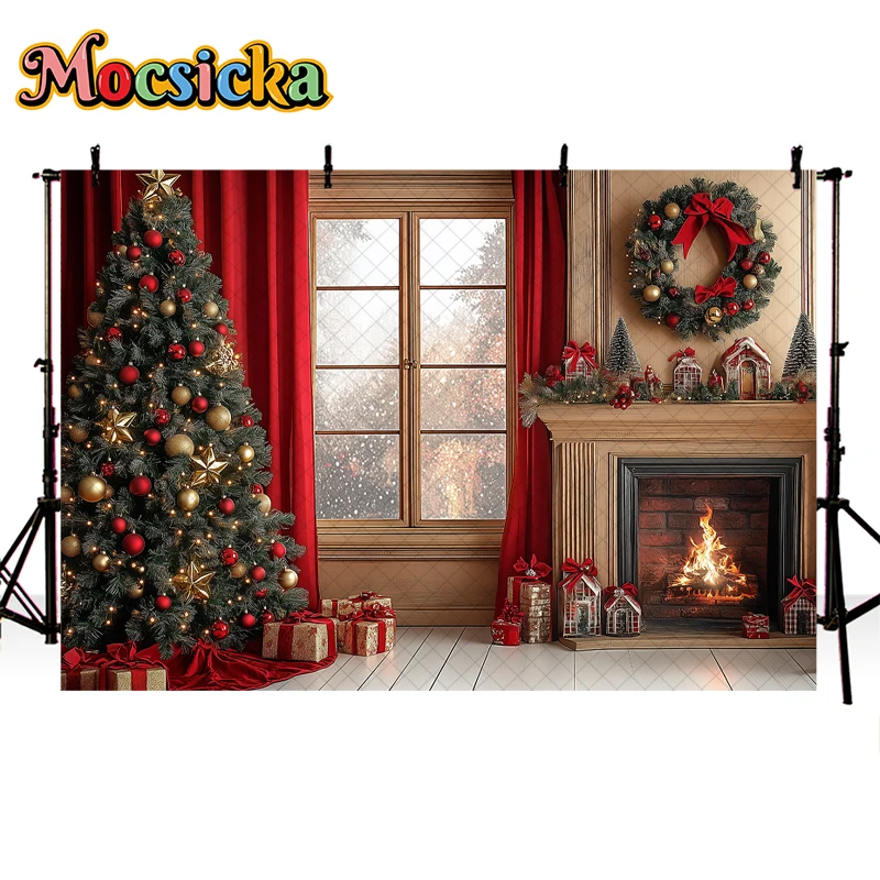 Mocsicka Xmas Czerwone Okna Drzewa Tła Dzieci Dorośli Fotografia Dziecko Dziecko Photocall Dekoracje Święty Mikołaj Tła
