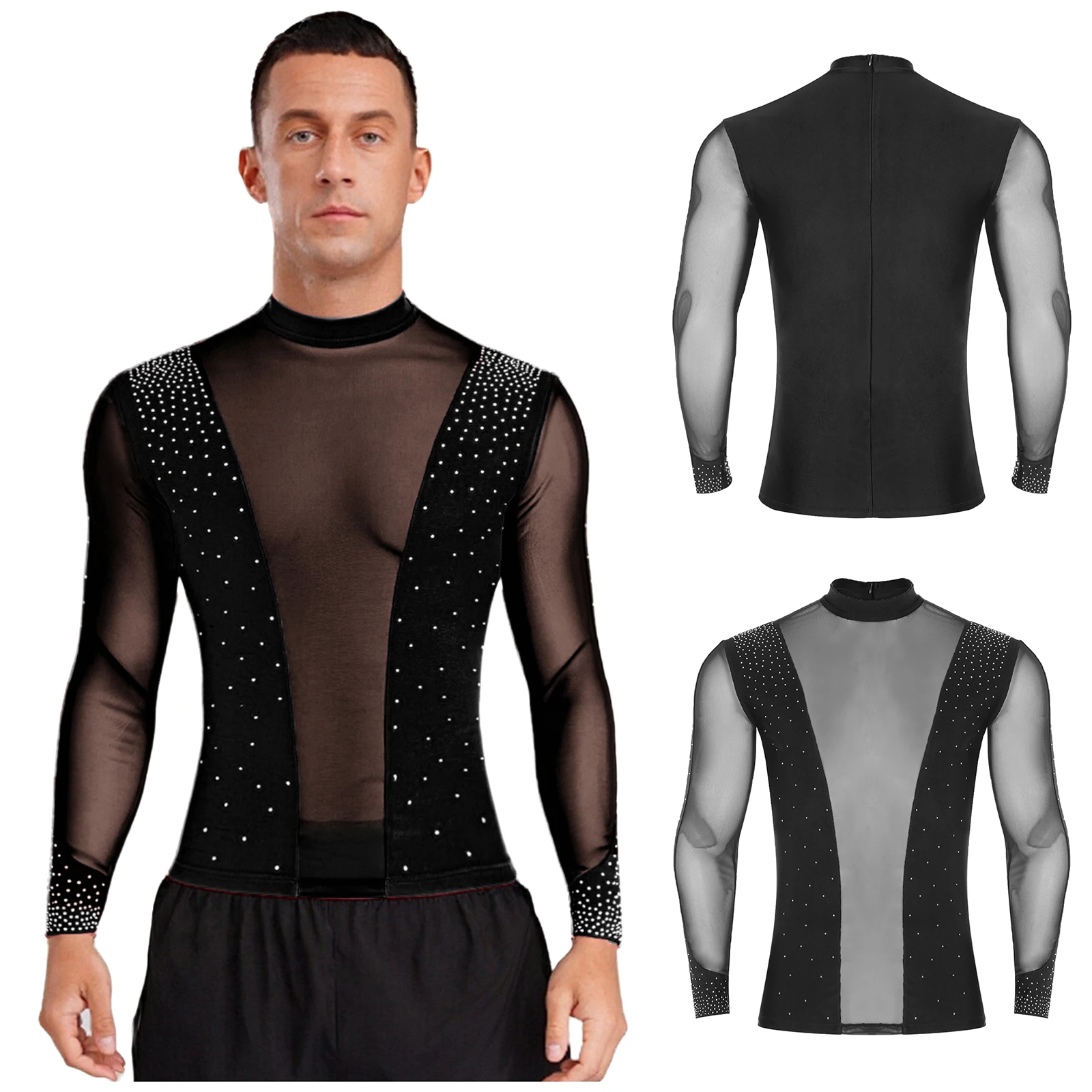 

Men Lyrical Latin Waltz Ballroom Dance Top Sheer Mesh Breathable T-shirt Blouse for Ballet Chacha Tango Stage Dance Shirts