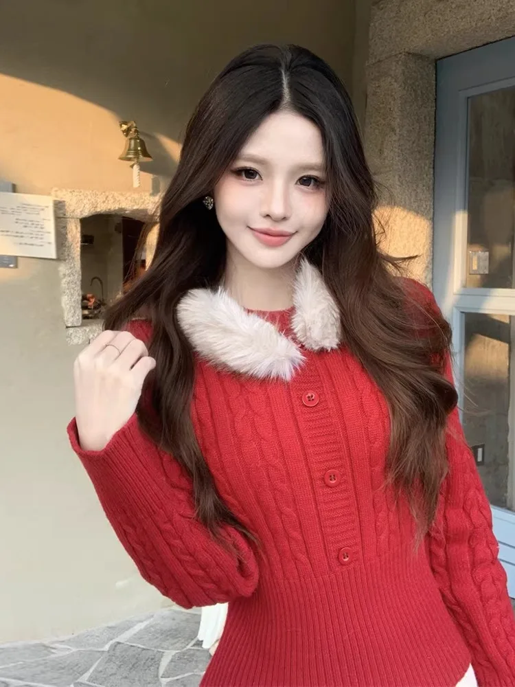 

Теплый вязаный свитер со съемным меховым воротником, осень-зима-весна, женский модный облегающий длинный повседневный топ све