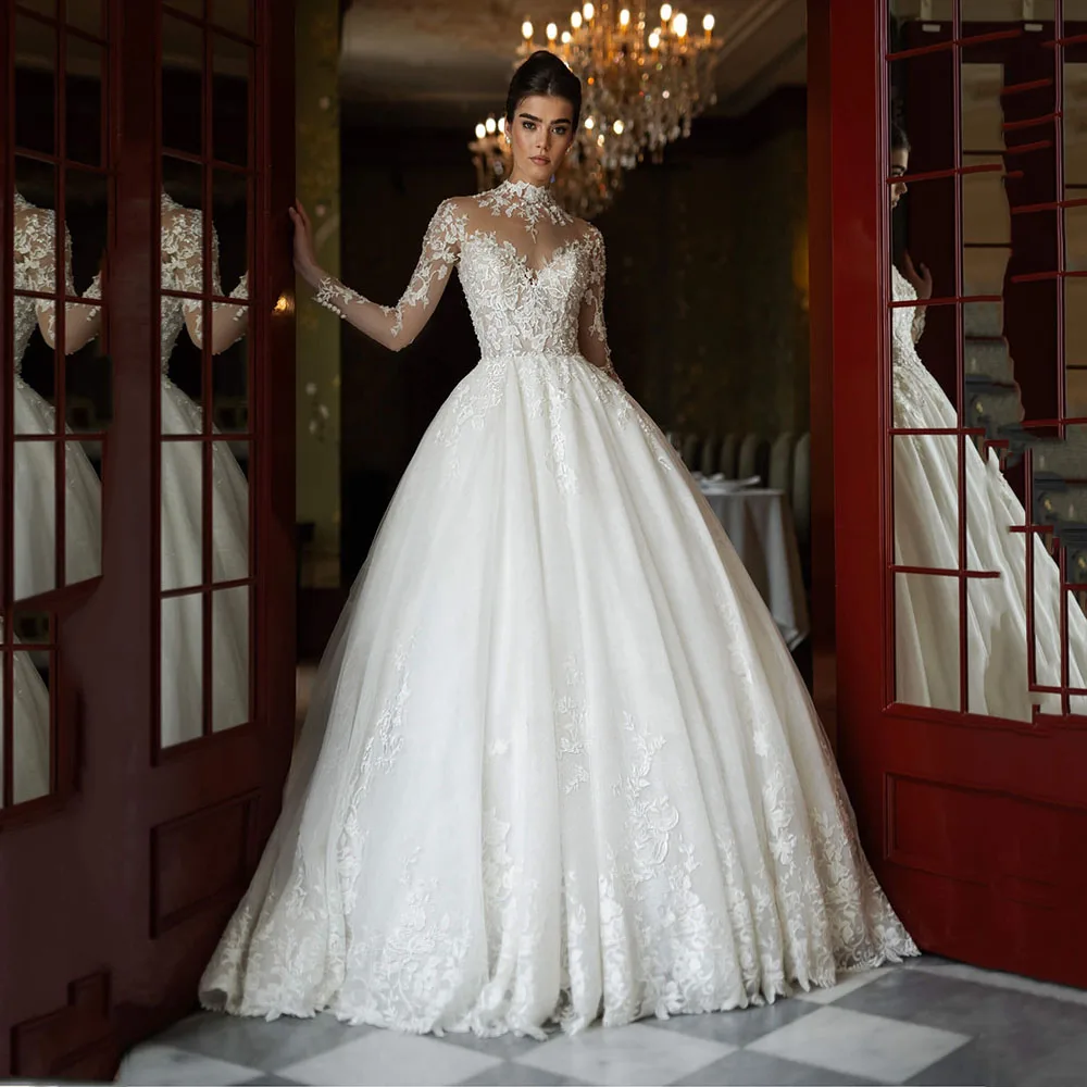 

Msikoods Vintage Lace Wedding Dresses 2025 Long Sleeve Ball Gown High Neck Illusion Tulle Backless Boho Bridal Dress Customized