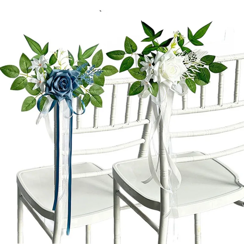 8pcs Wedding Chair Decoration Flowers Artificial Rose Eucalyptus Pew Flowers for Wedding Ceremony Aisle Church Decor