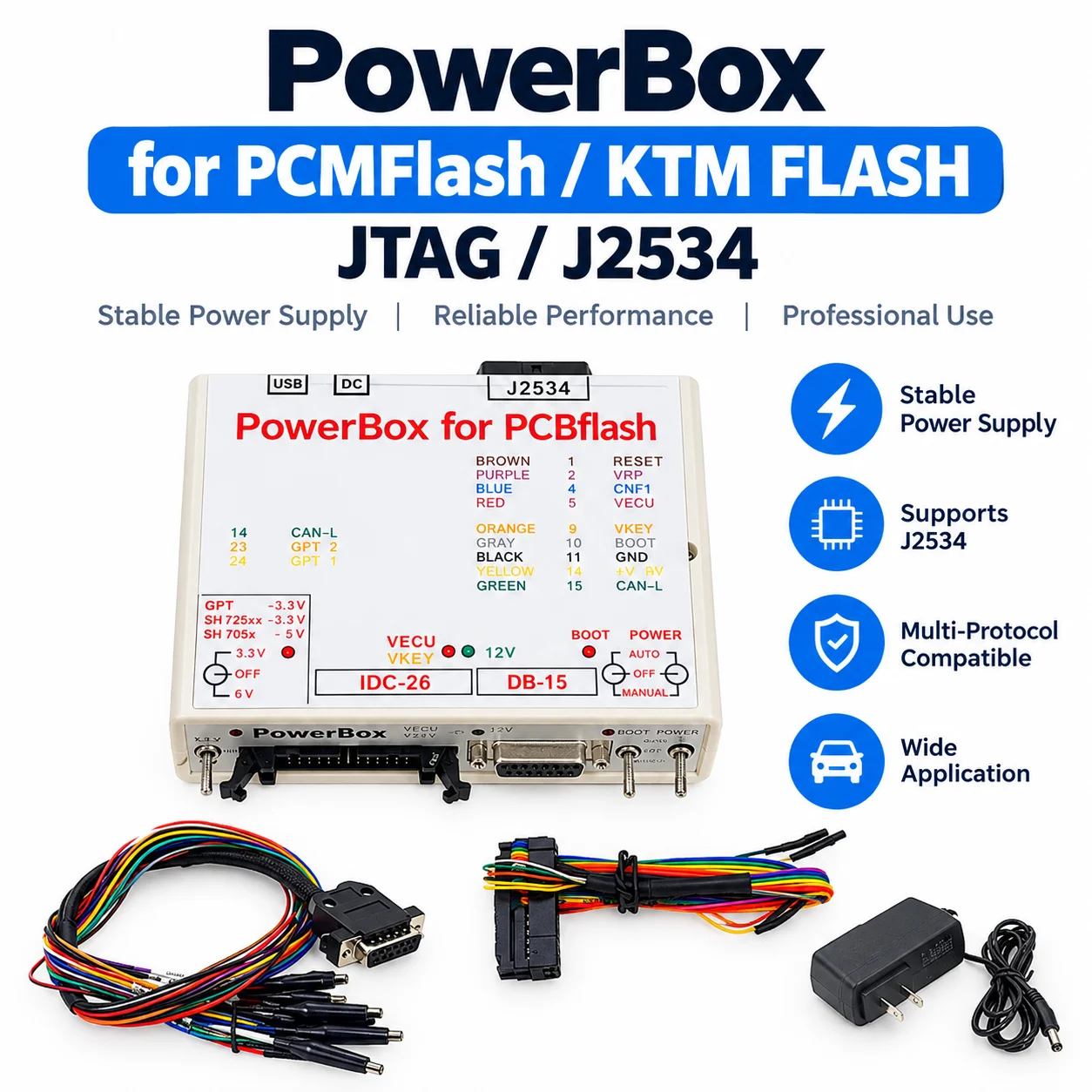 PowerBox ECU Programming Power Supply J2534 JTAG Interface Adapter with Wiring Harness for Automotive ECU Flashing