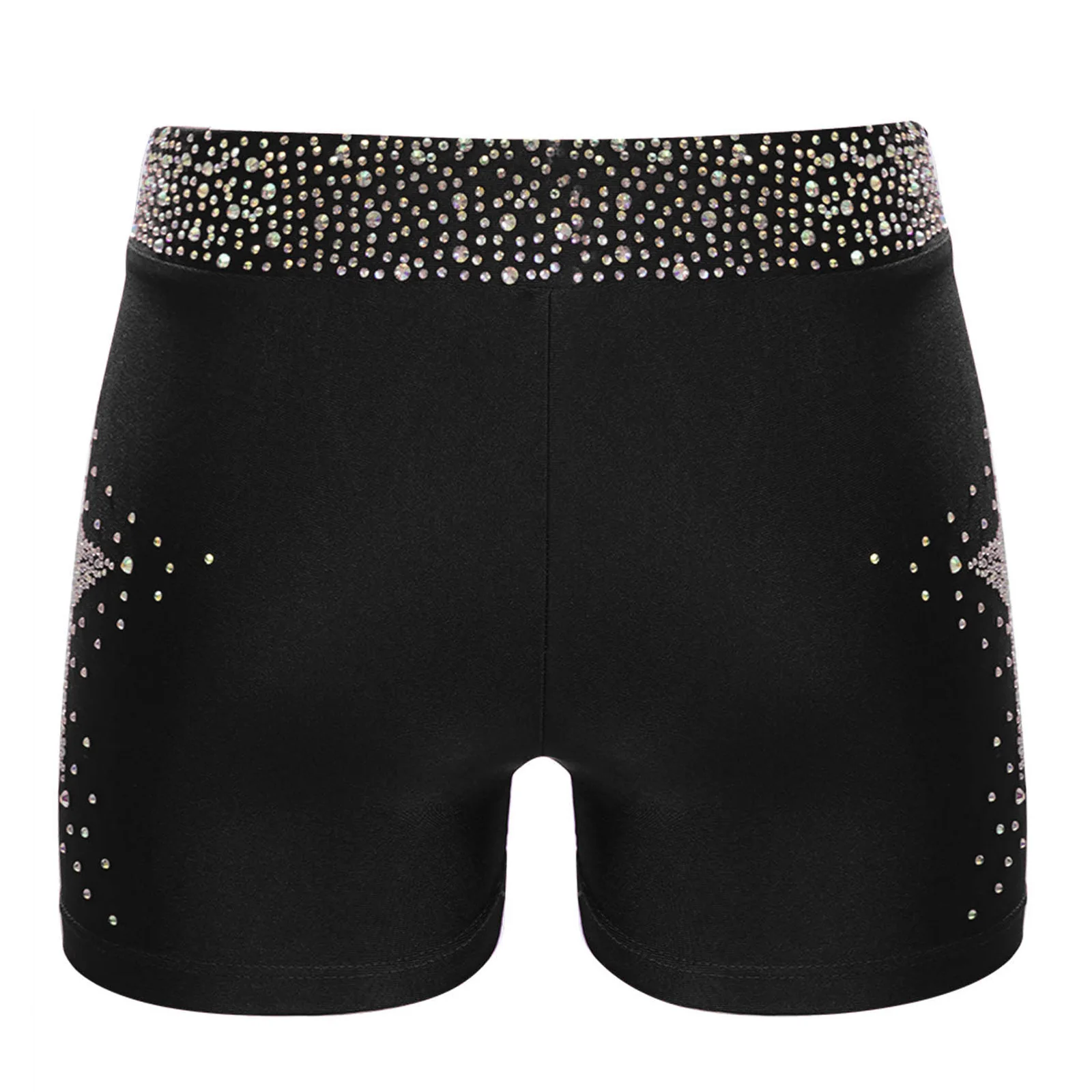 Kids Girls Shiny Rhinestones Acrobatics Gymnastics Dance Costume School Show Performance Elastic Waistband Shorts for 6-16 Years
