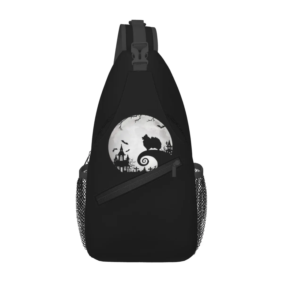 Mochila con eslinga de perro Pomerania y Luna para Halloween, bolso de viaje para el pecho, mochila cruzada para hombre, bolso de hombro