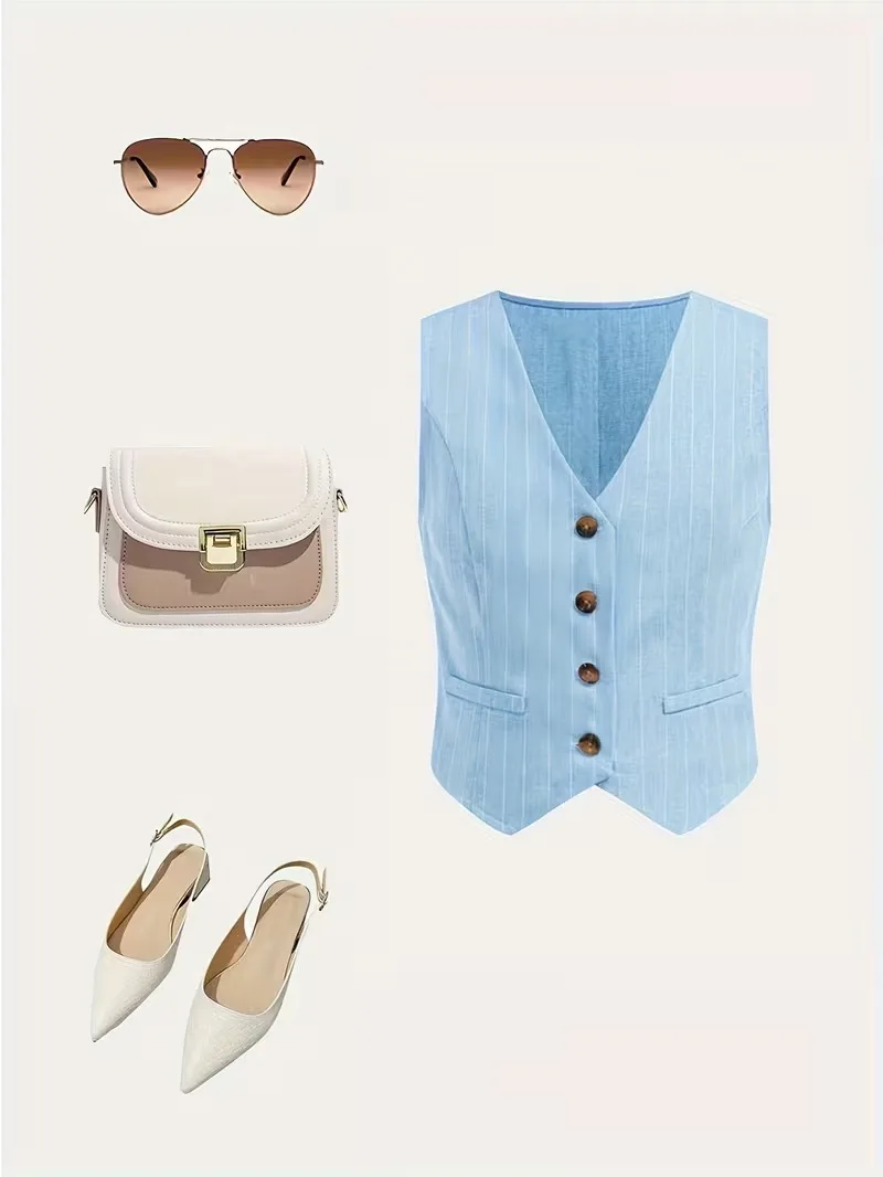 2-teiliges hellblaues Outfit für Mädchen, Weste mit V-Ausschnitt und Knöpfen, Oberteil und Hose mit hoher Taille und weitem Bein, lässiges Urlaubsset für Kinder – Detail 6