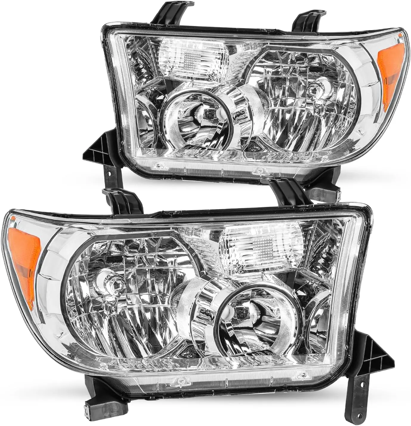 

Chrome Headlight Assembly Pair Fit for 2007-2013 Toyota Tundra & 08-17 Sequoia, Clear Lens, Amber Reflector, Without Headlight L