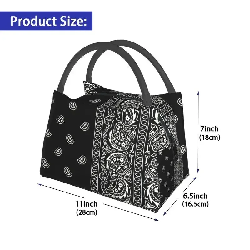 Black And White Paisley Chicano Bandana Style Thermal Insulated Lunch Bags Women Black And White Portable Lunch Meal Food Box