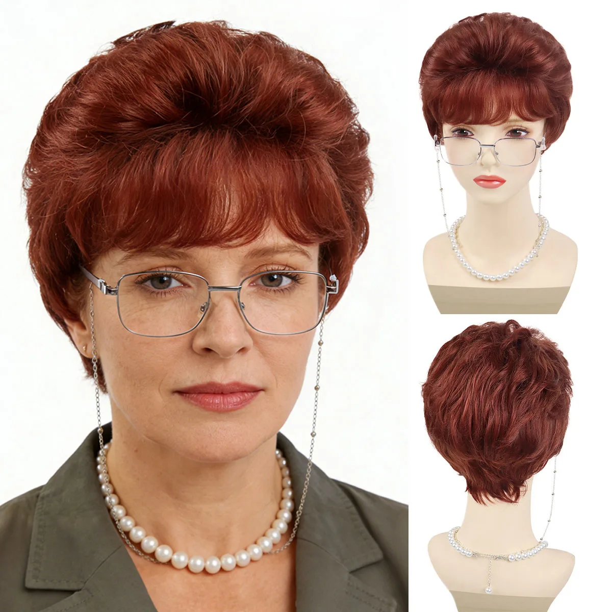 

Synthetic Short Auburn Old Lady Wig Fancy Granny Costume Set Glasses Hair Necklace 3 Pcs Christmas Halloween Women Elderly Wigs
