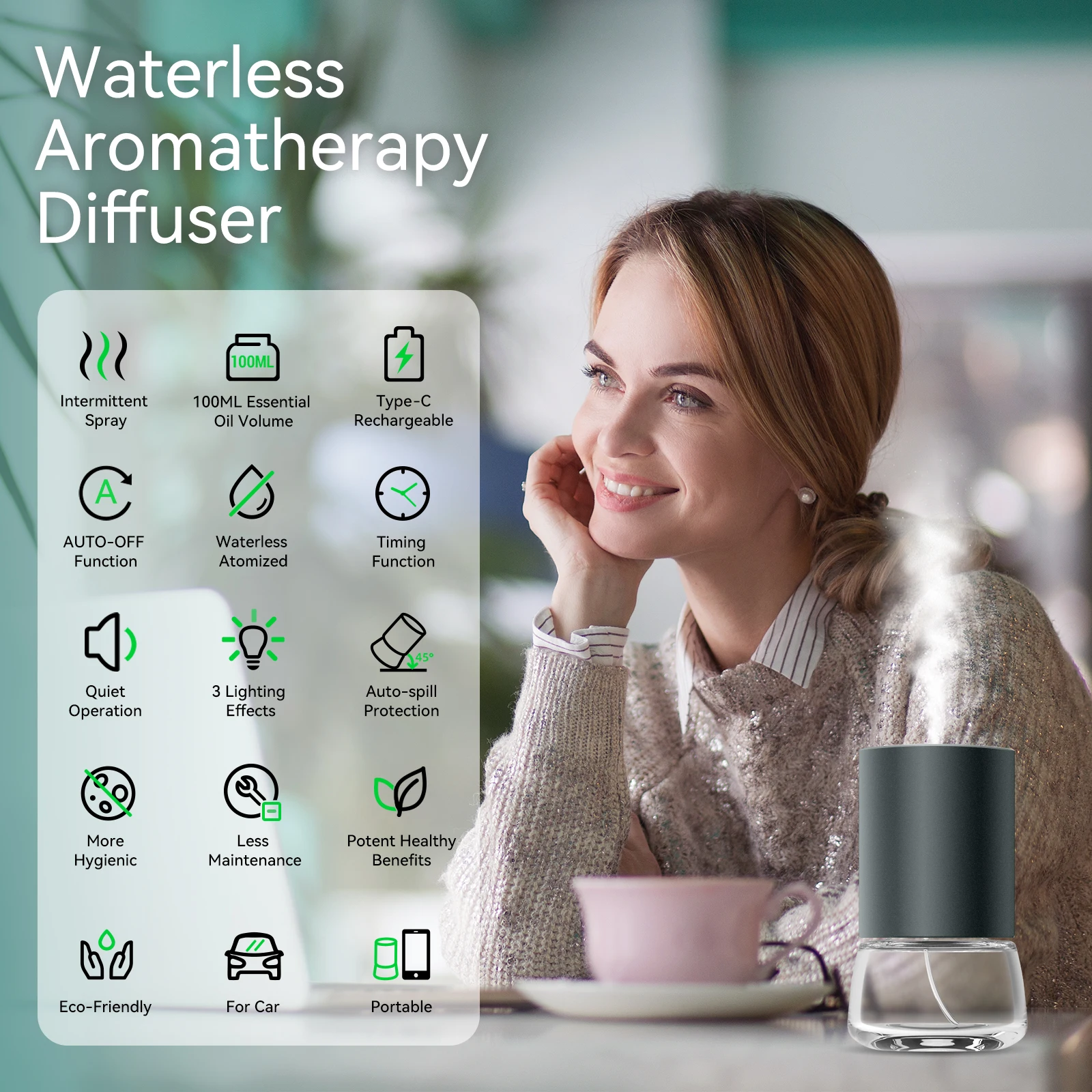 전기 100ML Type-c 물이없는 향기 아로마 디퓨저 공기 디퓨저 쿨 미스트 메이커 안개 7 색 Led 에센셜 오일 Difusor