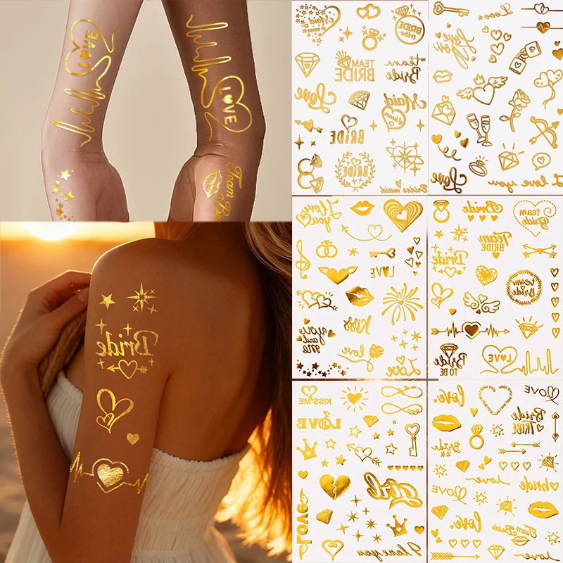 

Waterproof Metallic Temporary Tattoos for Women, Gold Flash Fake Tattoo Stickers Heart Design, Valentine Wedding Body Art
