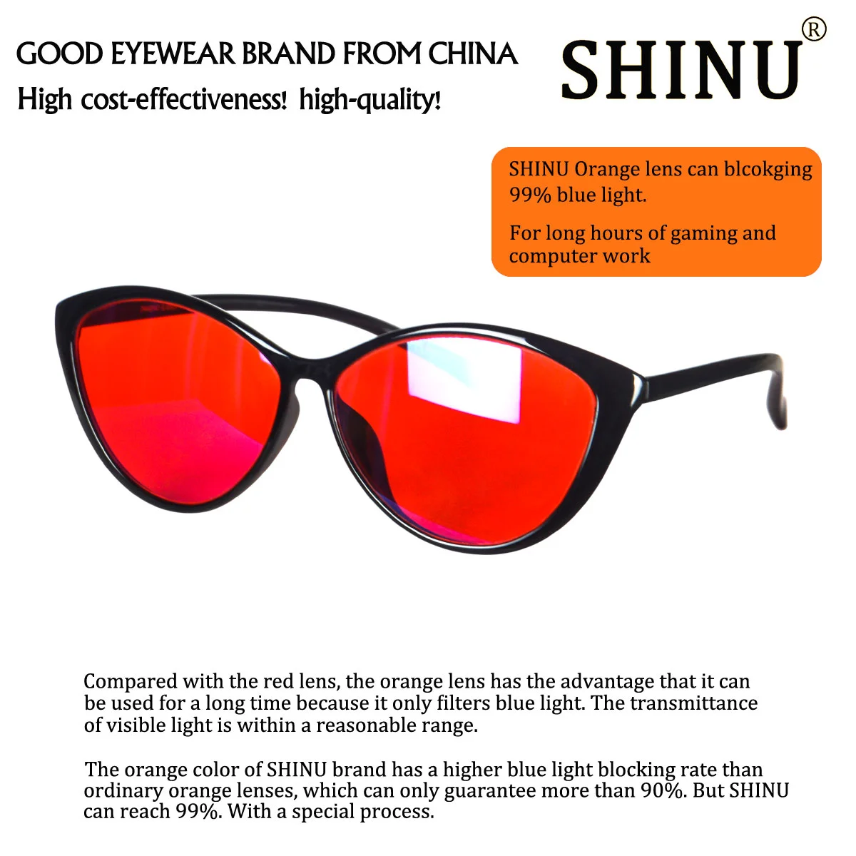 SHINU Women Glasses Cat Eye TR90 Frame  Anti Blue Light Computer Glasses 0 Diopter Red Orange lens Better Sleep long Time Games
