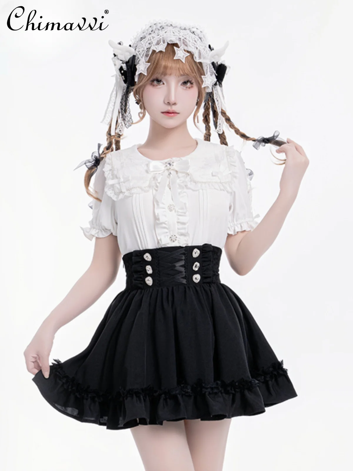 

Japanese Style Girl Lace Waist Skirt Female New Autumn Sweet and Cute Diamond Buckle Women's Lolita Pink and Black Mini Skirt