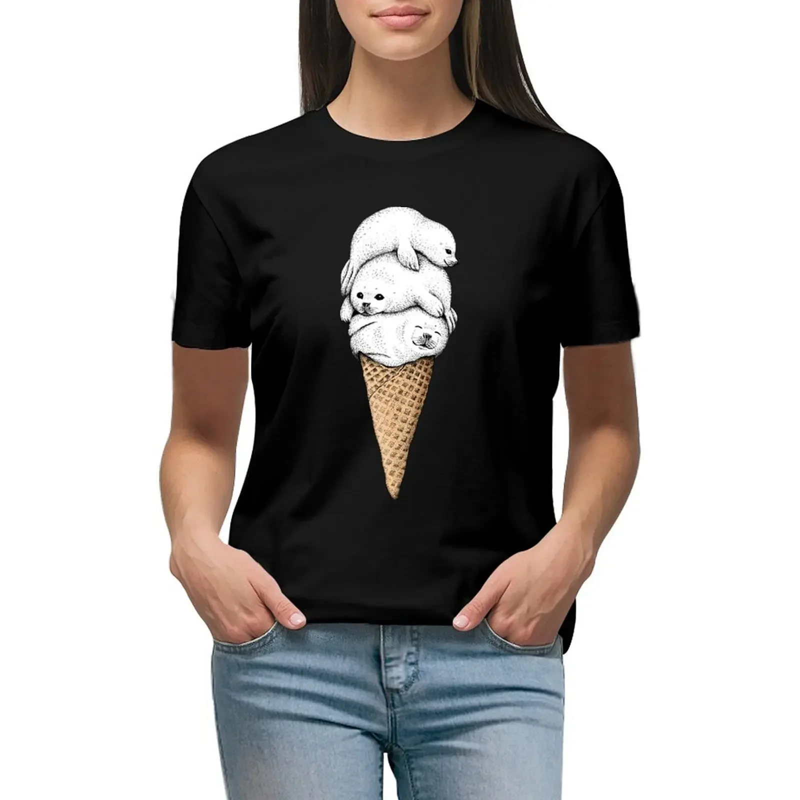 

Seal Ice Cream Cone T-Shirt hippie clothes Blouse vintage clothes animal prinfor t shirts for Women