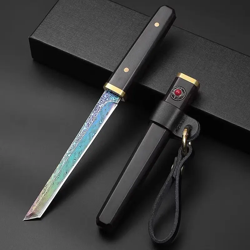 Damascus Steel Knife Solid wood handle and wooden sheath Mini katana fixed blade – for fruit slicing display collection