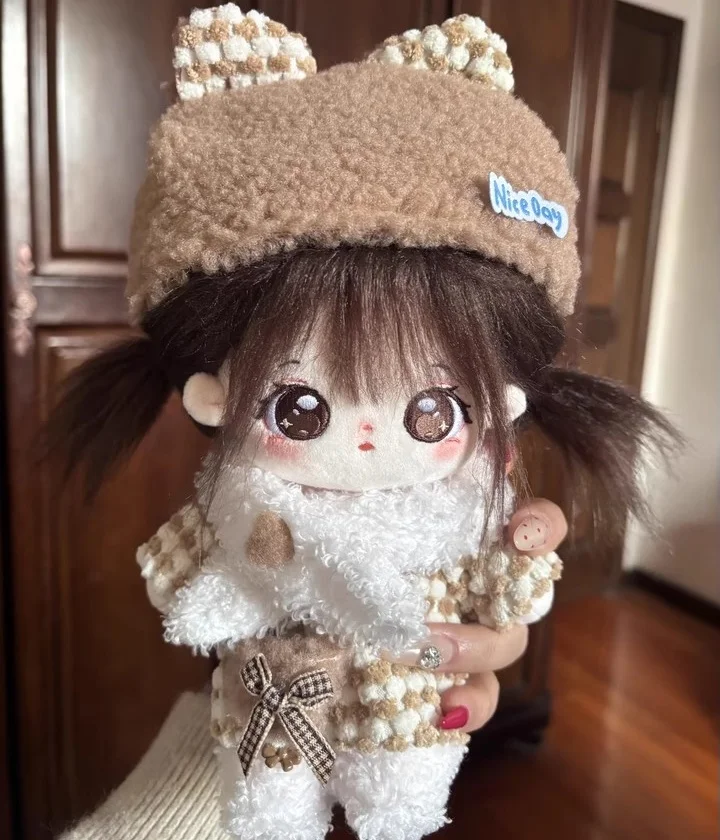 20cm With Skeleton Cotton Doll Qiaofu Doll Clothes Set Plush Doll Checkered Top Cute Ear Hat Scarf Crossbody Bag Fleece Shoes