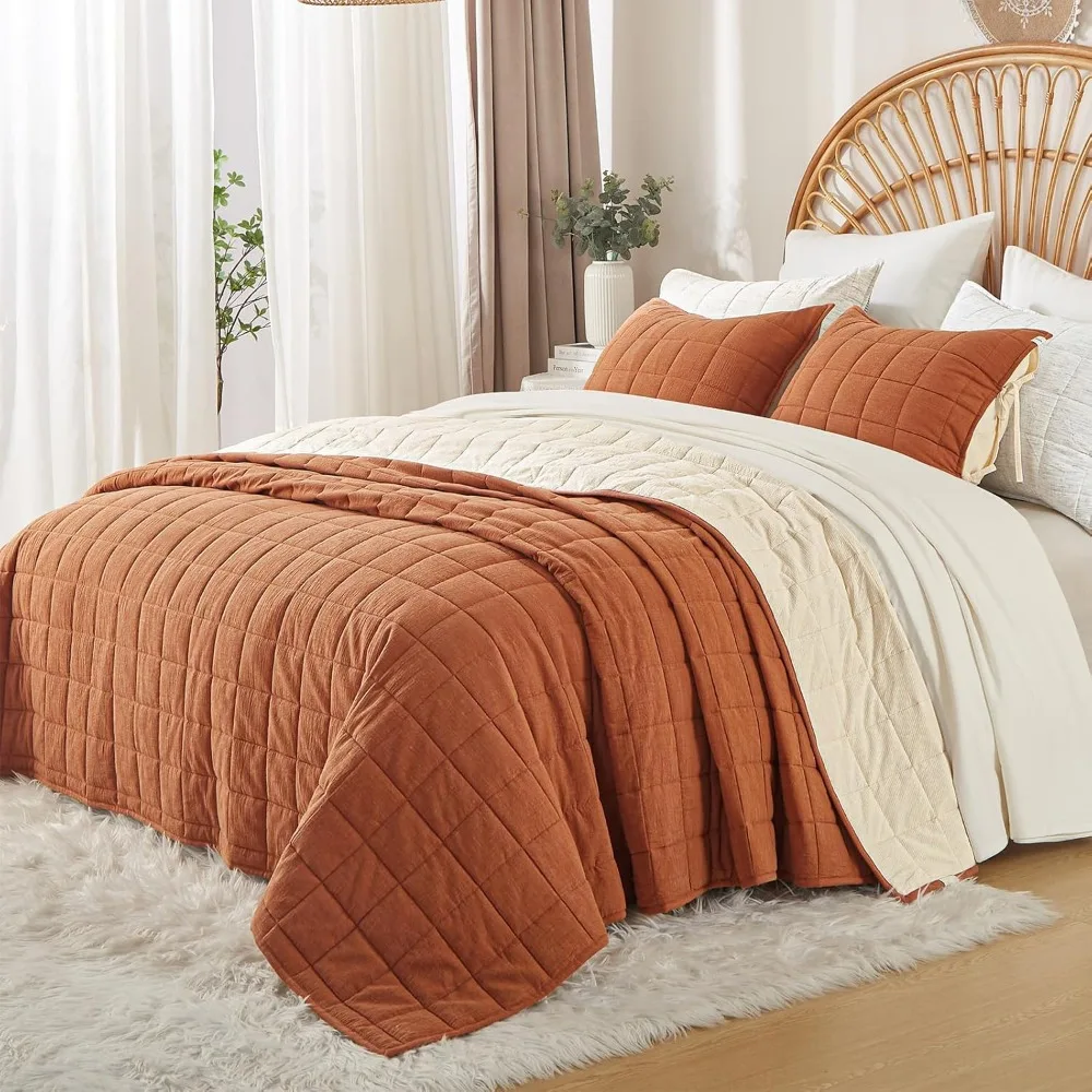 Burnt Orange Quilt King Size， Cotton Linen King Quilt Bed Spreads，3-Pieces King Size Quilt Bedding Set with Cream Stripe