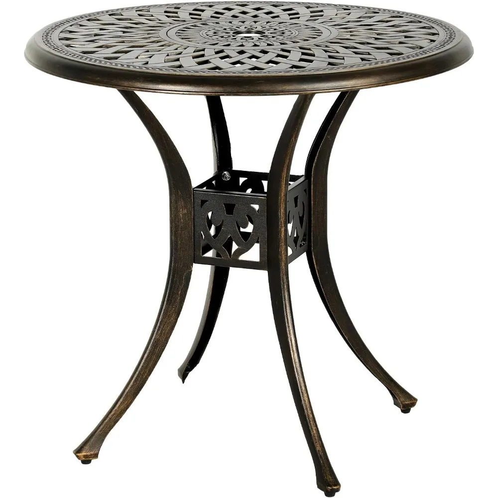 

31 inch terrace dining table, cast aluminum outdoor small bar table, circular conversation table with umbrella hole