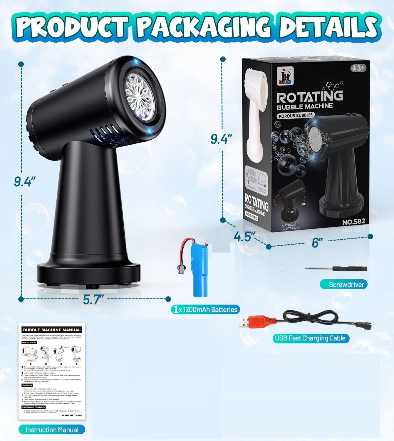 Bubble Machine Blower for Kids Toddlers, Rechargeable Battery(include),Automatic 90°/180° Rotating,20000+ Bubbles Per Minute