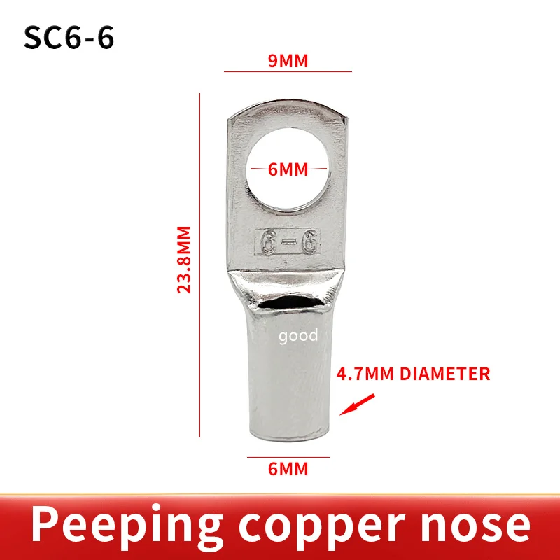 50/100PCS SC6-6 Tined copper connecting terminal bolt hole cable lugs battery terminals 6mm square wire