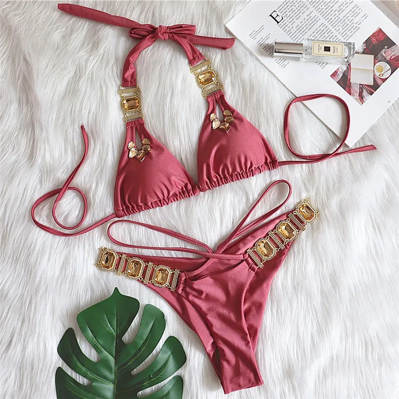Two Piece Women Swimsuit Fashion Rhinestone Bandage Bikini Set Sexy High Waisted Push Up Summer Swimwear Outfits Beachwear