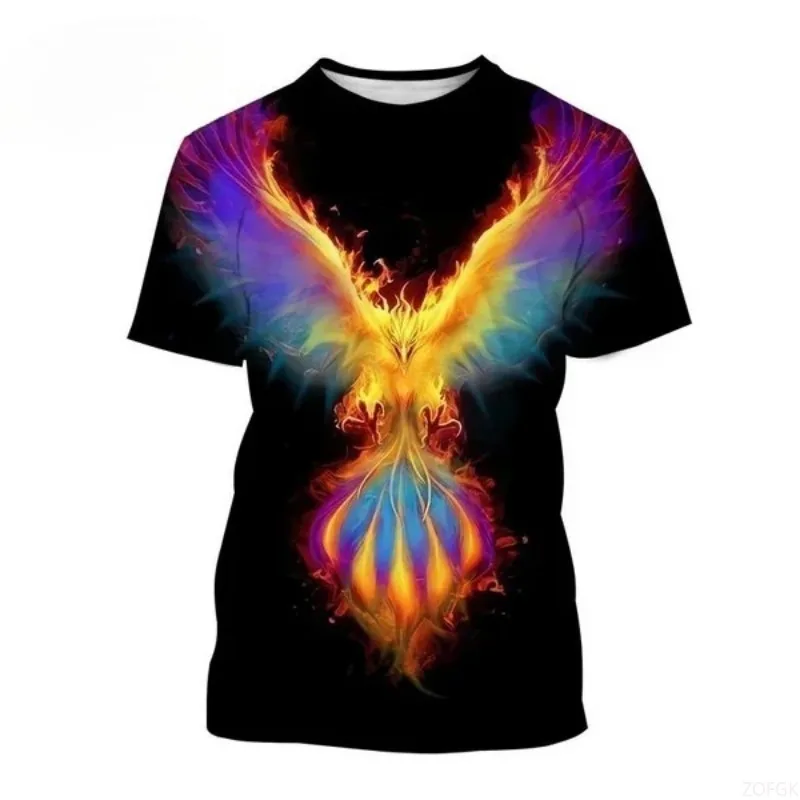 

3D Phoenix Printed Round Neck Short Sleeve Casual Top for Men and Women with Animal Patterns and Firebird Printed T-shirt