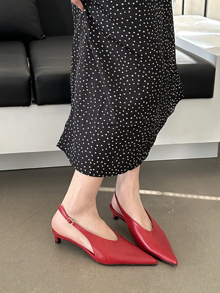 Bailamos Solid 2024 Summer New Sandals Women Fashion Pointed Toe Ladies Elegant Slingback Sandal Med Heel Dress Pumps Shoes Lady image 4