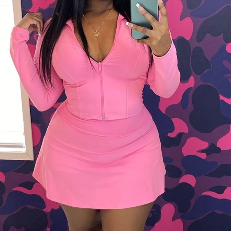 Women's Y2K Solid Style 2 Piece Set Women Zipper Cardigan Full Sleeve Tops+Ruched Mini Shorts Skirts Casual Simple Streetwear