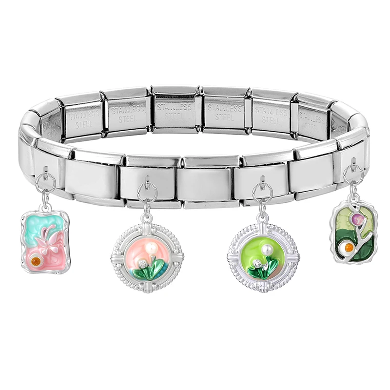 جديد خمر اللوحة الزهور جولة ختم قلادة الإيطالية سحر ربط صالح 9 مللي متر الفولاذ المقاوم للصدأ سوار المرأة DIY بها بنفسك صنع #4