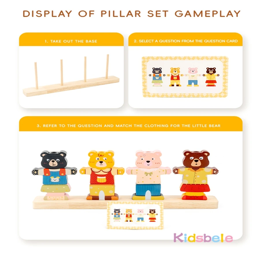 Orsi che cambiano vestiti Blocchi impilabili Giocattolo Montessori in età prescolare in legno Puzzle colorato Gioco fantasioso per bambini Regalo di compleanno
