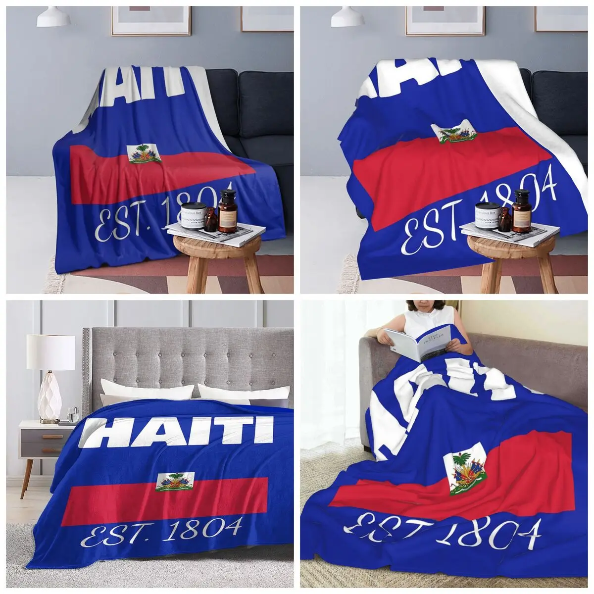 Haiti EST. 1804 Independence Haitian Flag Blanket Soft Warm Flannel Throw Blanket Cover for Bed Travel Home Couch