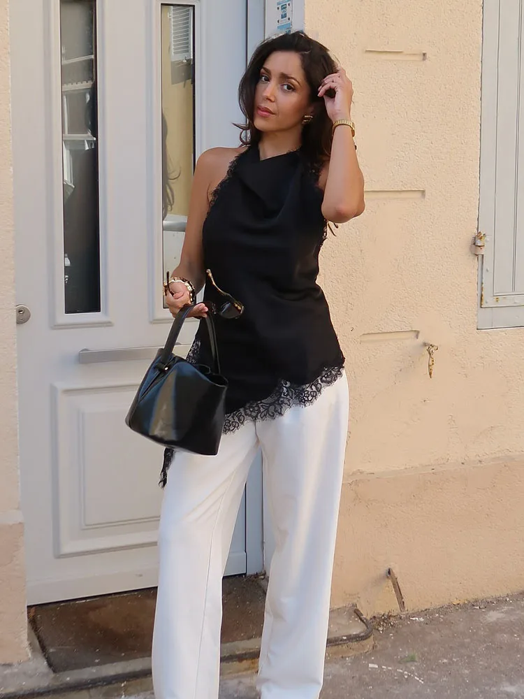 

HH Women Sexy Fashion Slim Halter Neck Lace Sleeveless Backless Top+Mid-Waist Zipper Silk Satin Textured Hem Slit Skirt Suit