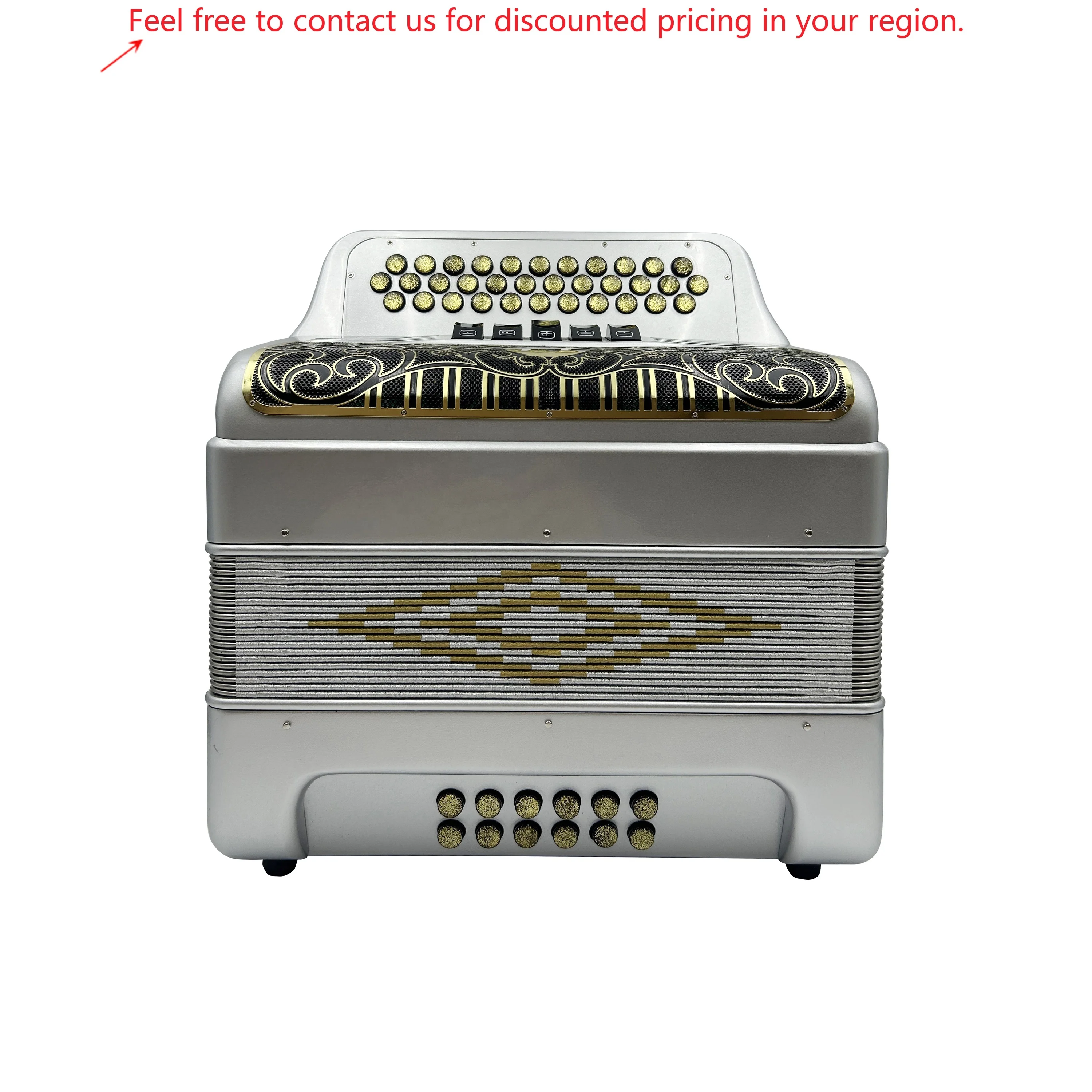 

SEASOUND Professional OEM 34-Button 12-Bass 5-Register Silver Accordion With Black Gold Grill And Gold Buttons JB3412D Acordeon