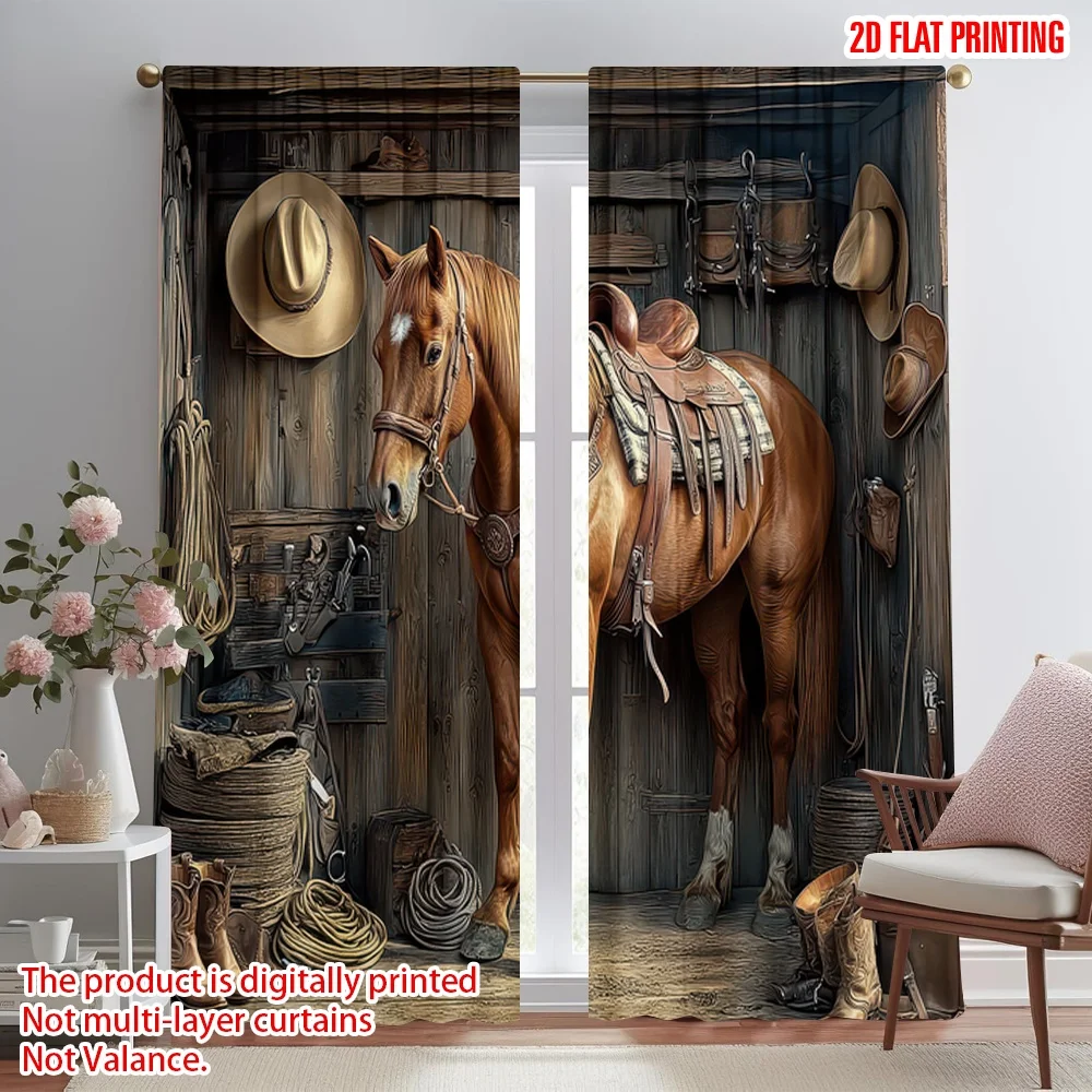 

2D flat printing 2pcs Drapes Brown Horse in Stable Digital Printed Polyester Drapes All Season Party & Holiday Decor for Home
