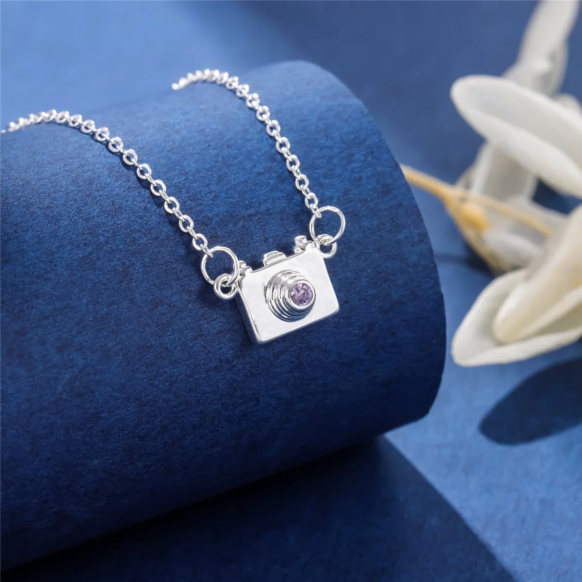 Fashion 925 Sterling Silver Jewelry Female Camera Crystal Necklace Collar Vintage Link Chain  XL057