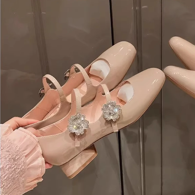 Zapatos individuales de tacón medio para mujer, sandalias con cabeza cuadrada, diamantes de imitación, Cinturón fino, Mary Jane, informales, a la moda, dulces