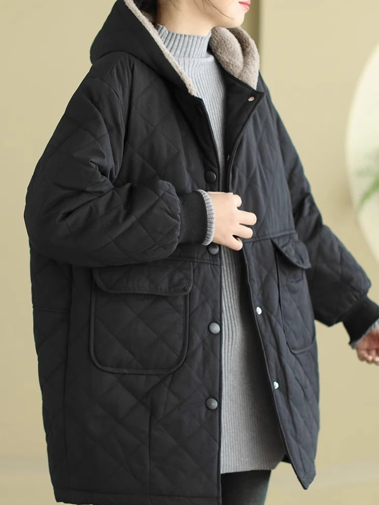 سترة قطنية بغطاء للرأس من صوف الضأن منقوشة بالألماس بتصميم عتيق للنساء شتاء جديد فضفاض وسميك ودافئ من منتصف إلى طويل الطول #5