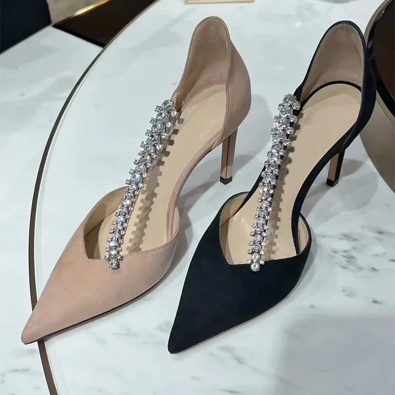 Diamond black high heels 2025 summer new style socialite sexy banquet shoes pointed thin heel hollow leather single shoes