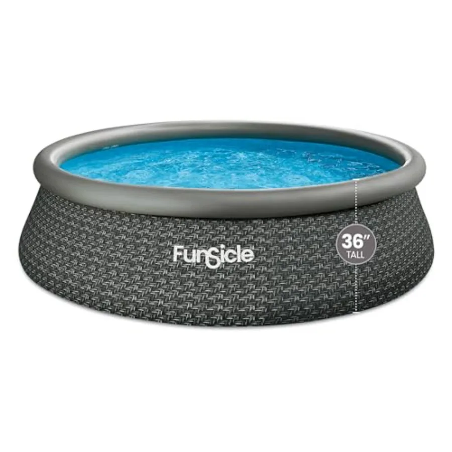 

Above ground swimming pool for backyard use, vinyl with dark herringbone print, quick-set assembly, includes FiltraBoost 800 GP