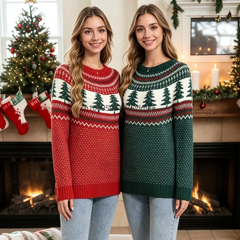 Women Christmas Sweater Round Neck Xmas Tree Print Knit Pullover Long Sleeve Vintage Winter Holiday Party Stage Show Knitwears