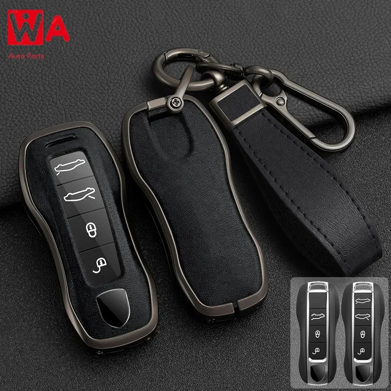 

Zinc Alloy + Leather Car Key Case Cover Fob Holder For Porsche Cayenne Panamera 971 911 9YA Macan 718 Cayman Boxster 3 Remote