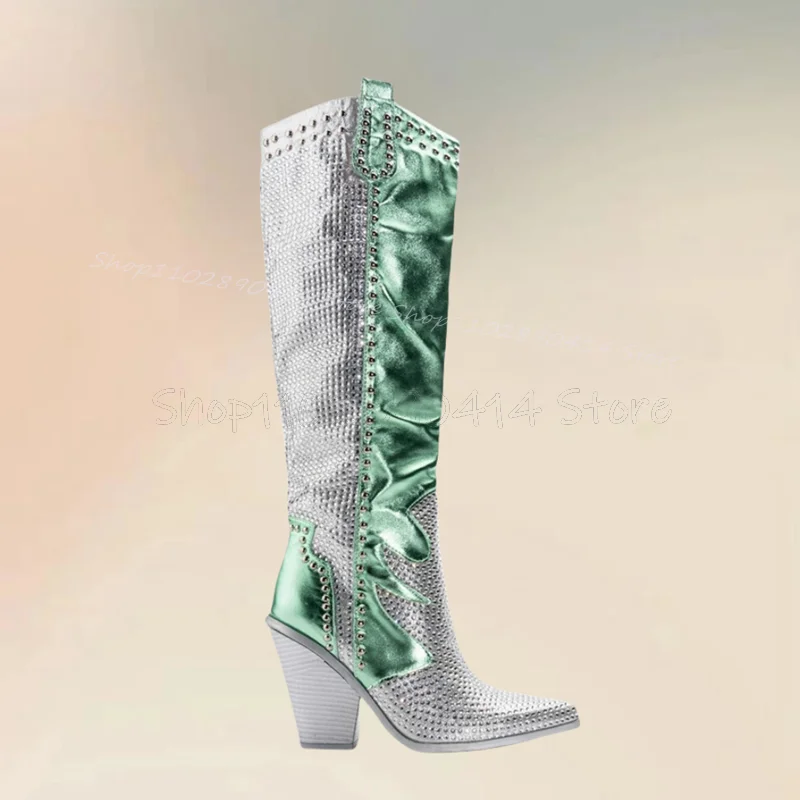 Rhinestone Rivets Decor Totem Print Pointed Toe Boots Slip on Women Shoes Chunky High Heels New Fashion 2024 Zapatos Para Mujere