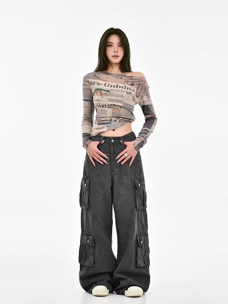 REDDACHiC Gray Patchwork Cargo Jeans for Women Boyfriend Grunge Low Rise Straight Wide Leg Denim Pants Punk Vintage Streetwear
