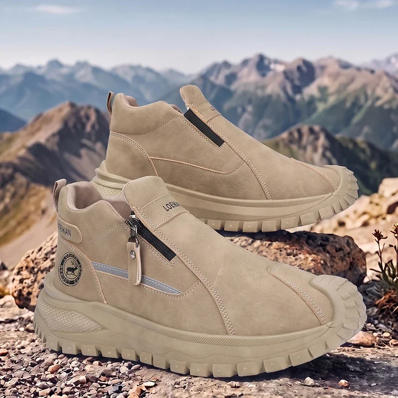 Herren-Stiefeletten mit seitlichem Reißverschluss, Retro-High-Top-Schuhe, verschleißfeste, dicke Sohle, lässige Wanderstiefel – Detail 7