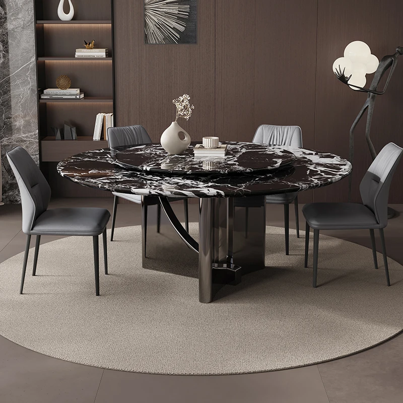 طاولة طعام مستديرة من الرخام الأسود البلغاري الراقية من فوشان ومجموعة كرسي حديثة وبسيطة الحجم لتناول الطعام المنزلي #2