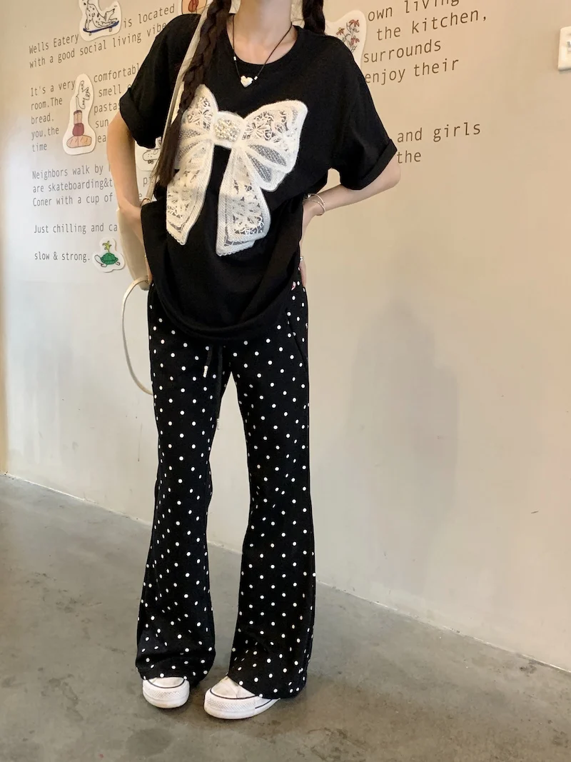 

Drawstring Sweatpant Summer Dot Black Elastic Waistband Flare Pant Bootcut Bell Bottom Trouser y2k fairycore 00s grunge Korean