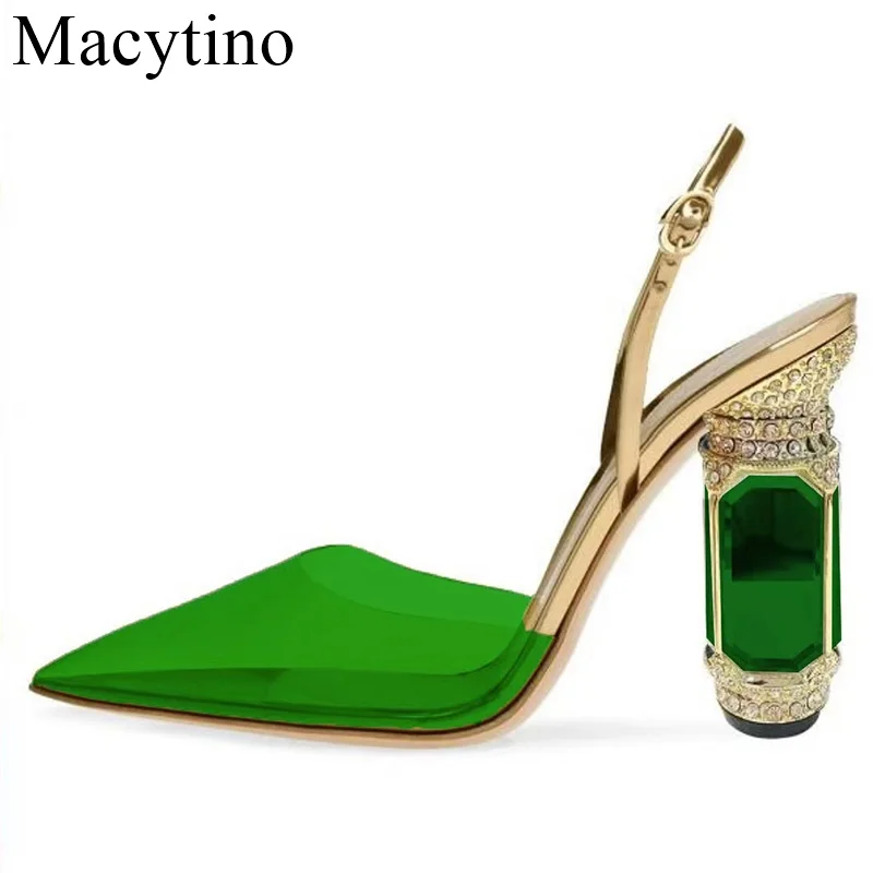 2024 Catwalk Rhinestone Gemstone Heel Buckle High Heels Thick Pumps Wedding Shoes lady Sandals Male Large Size