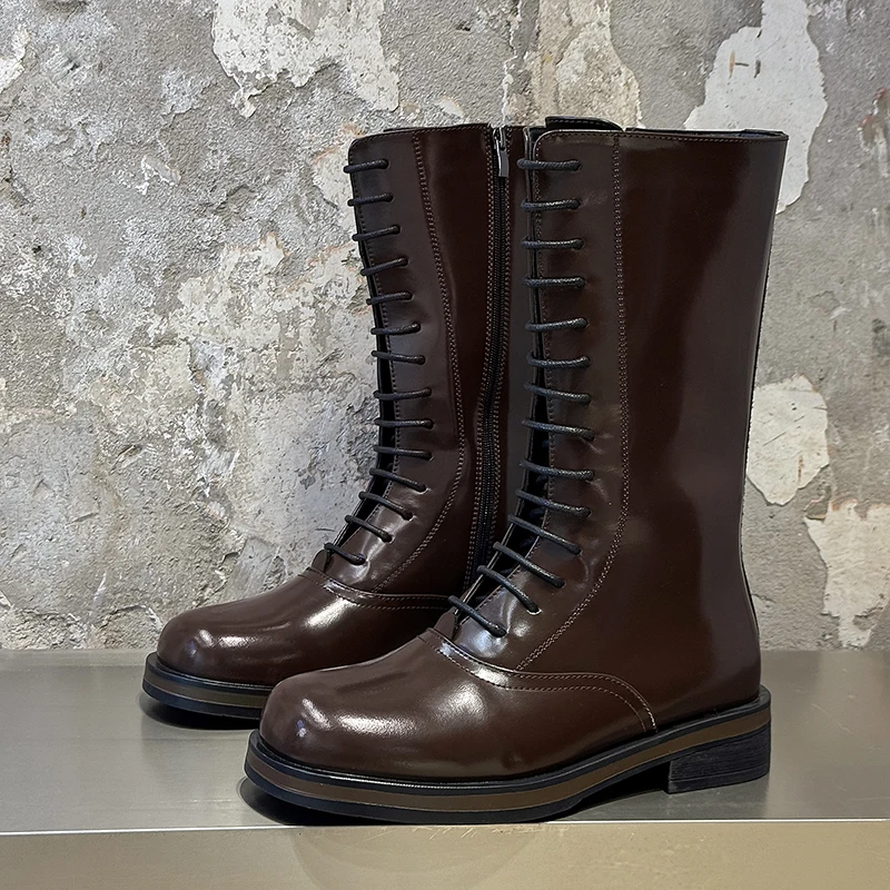 Winter Retro Men High Top Knight Boots with Mirror Finish High-end Feel Lace Up Side Zipper Slim Legs Casual Trendy Boots
