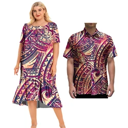 Print On Demand Polynesian Tribal Print Family Matching Outfits Couple Clothes Samoan Mumu Dress and Plus Size Men's Shirts