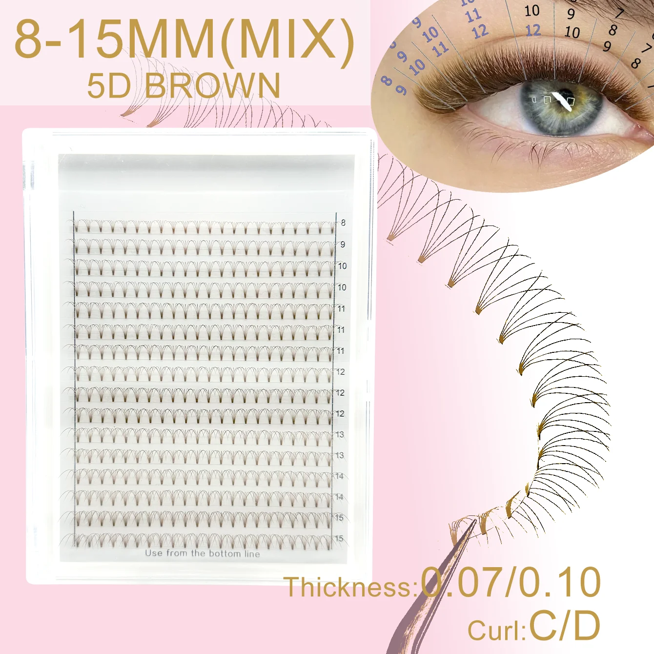 

5D Brown colored premade volueme lash fans,short stem C/D curl 0.07/0.10 8-15mm MIXED premium Korean PBT fluffy volume wider