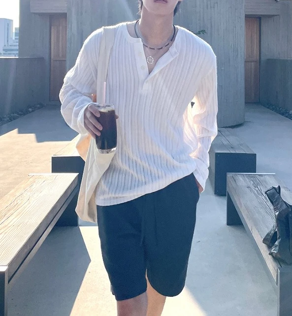 Henry Collar Pit Striped Sunscreen Knitted Long-sleeved T-shirt Men's 2026 Summer Stretch Casual Knitted Sweater